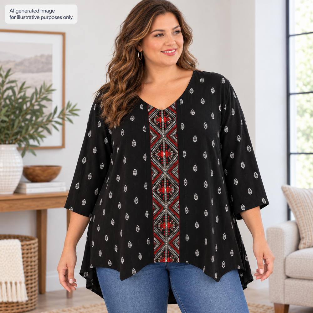 Catherines Kimono Tunic Womens 2X 22/24W Black Boho Geometric Print Flowy TAGS